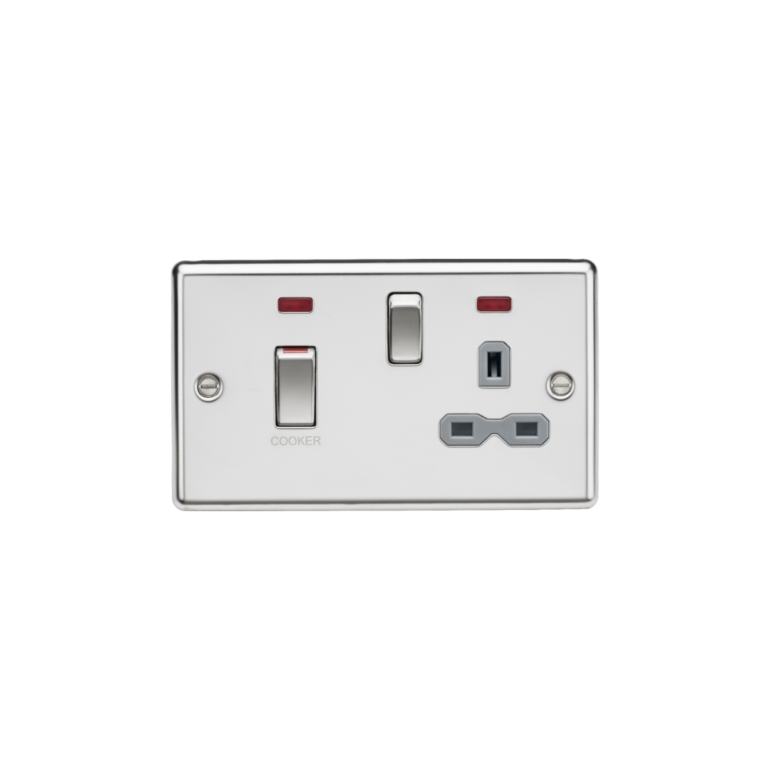 45A DP switch and 13A switched socket with neons - polished chrome with grey insert