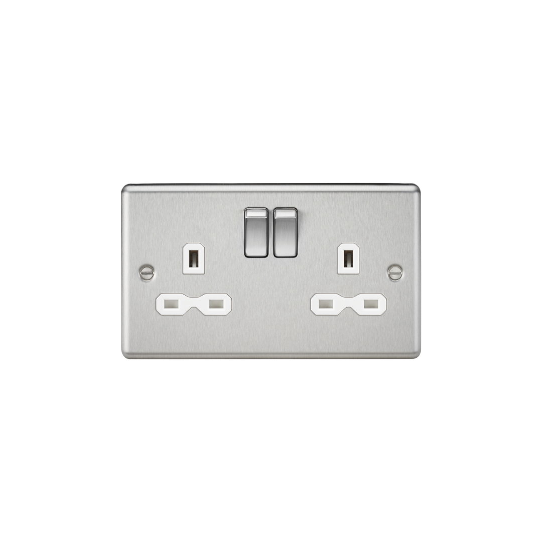 13A 2G DP Switched Socket with Twin Earths - Brushed Chrome with White Insert