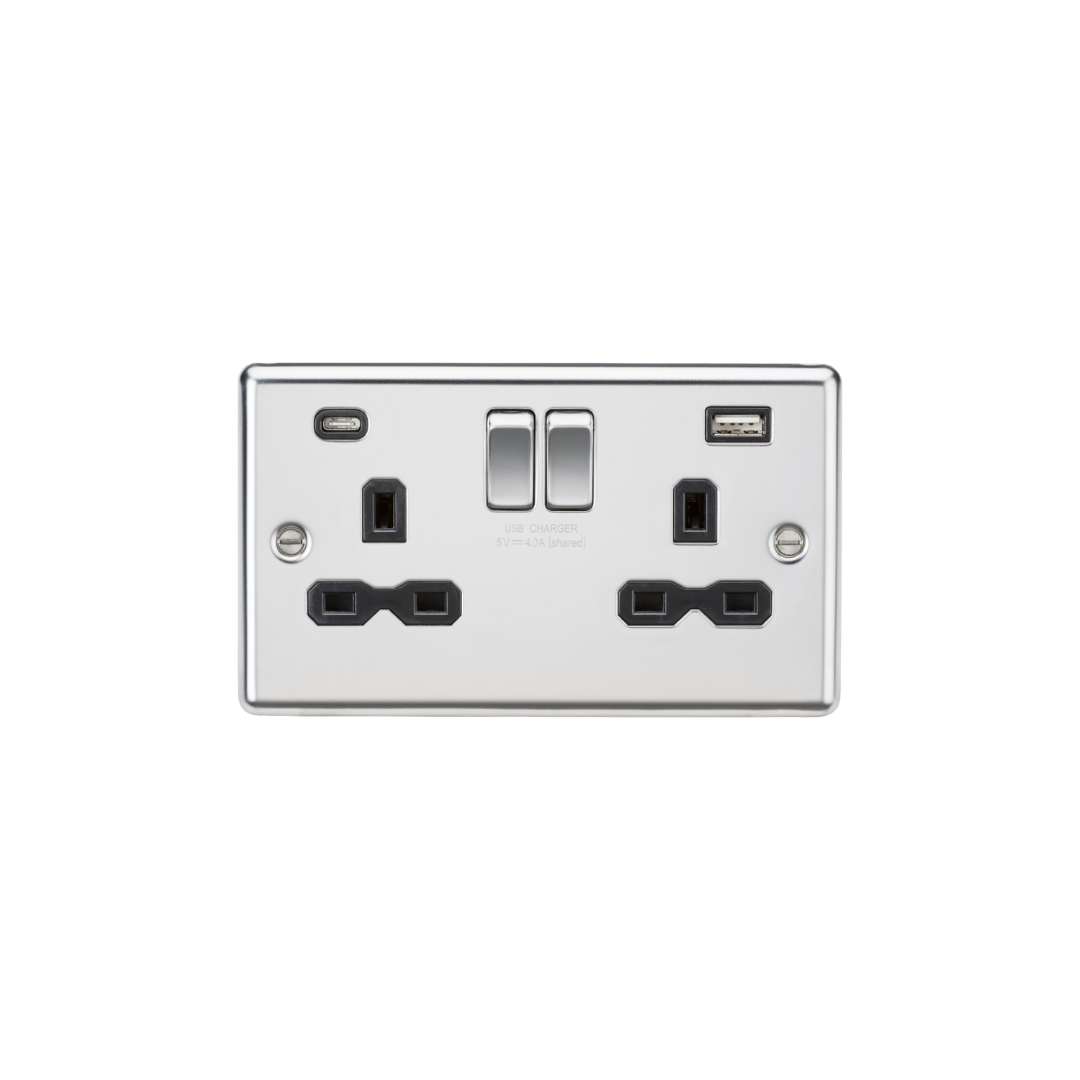 13A 2G SP Switched Socket with dual USB C+A 5V DC 4.0A [shared] - Polished Chrome with black insert