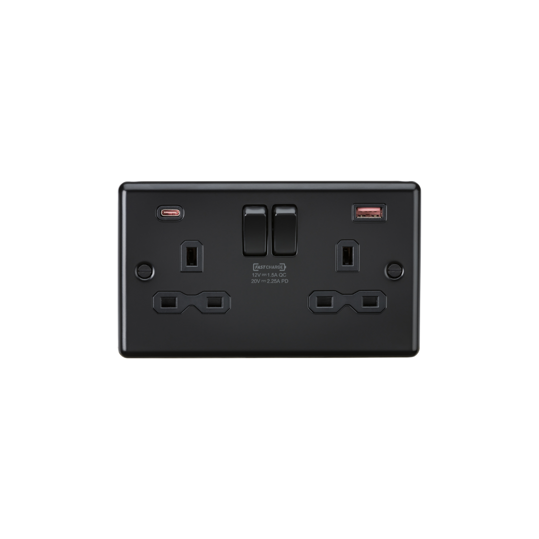 FAST CHARGE 13A 2G DP Switched Socket with Dual USB A+C 20V DC 2.25A (Max. 45W) - Matt Black with Black Insert