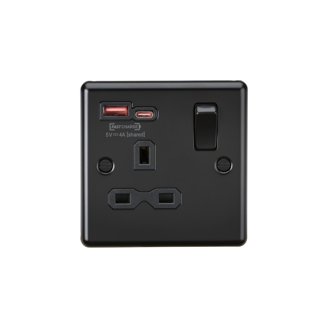 FAST CHARGE 13A 1G SP Switched Socket with Dual USB A+C 12V DC 1.5A [Max. 18W] - Matt Black with Black Insert